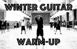 体育館でストレッチを行う人々の写真に“WINTER GUITAR WARM-UP”の文字が入った画像