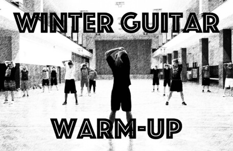 体育館でストレッチを行う人々の写真に“WINTER GUITAR WARM-UP”の文字が入った画像