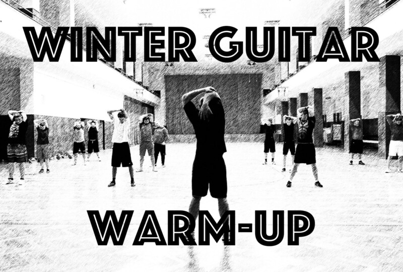体育館でストレッチを行う人々の写真に“WINTER GUITAR WARM-UP”の文字が入った画像