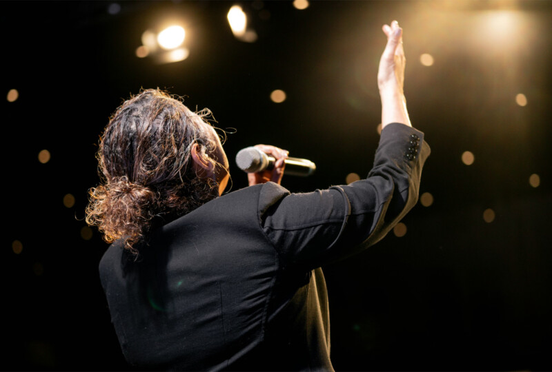ライブステージでマイクを握り手を挙げて歌うボーカリストの背面ショット