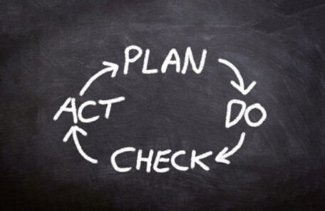 黒板に描かれたPDCAサイクル（PLAN・DO・CHECK・ACT）の図。継続的な改善と計画的練習を象徴。