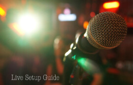 ライブ会場のマイクと照明の雰囲気写真（Live Setup Guideの文字入り）