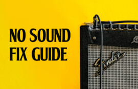 黄色い背景に、右側にFender系のギターアンプ（ケーブルが挿さっている）が写っていて、左側に大きく黒文字で 「NO SOUND / FIX GUIDE」 と書かれたバナー画像です。