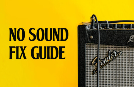 黄色い背景に、右側にFender系のギターアンプ（ケーブルが挿さっている）が写っていて、左側に大きく黒文字で 「NO SOUND / FIX GUIDE」 と書かれたバナー画像です。