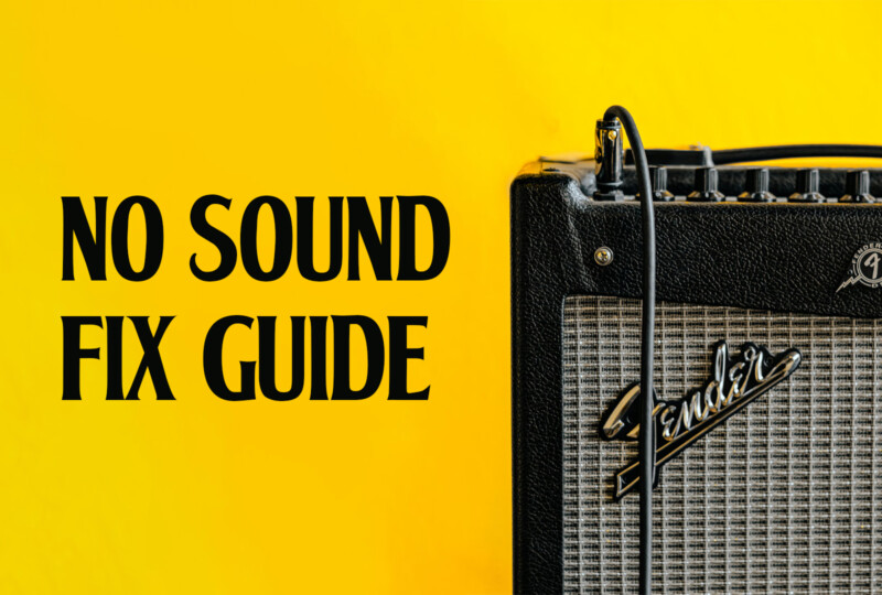 黄色い背景に、右側にFender系のギターアンプ（ケーブルが挿さっている）が写っていて、左側に大きく黒文字で 「NO SOUND / FIX GUIDE」 と書かれたバナー画像です。